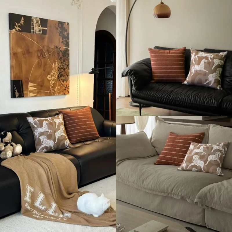 Premium Vintage Brown Coffee Jacquard Cushion Cover Italian Maillard Home Pillowcase Modern High-End Pillow Covers Decorative