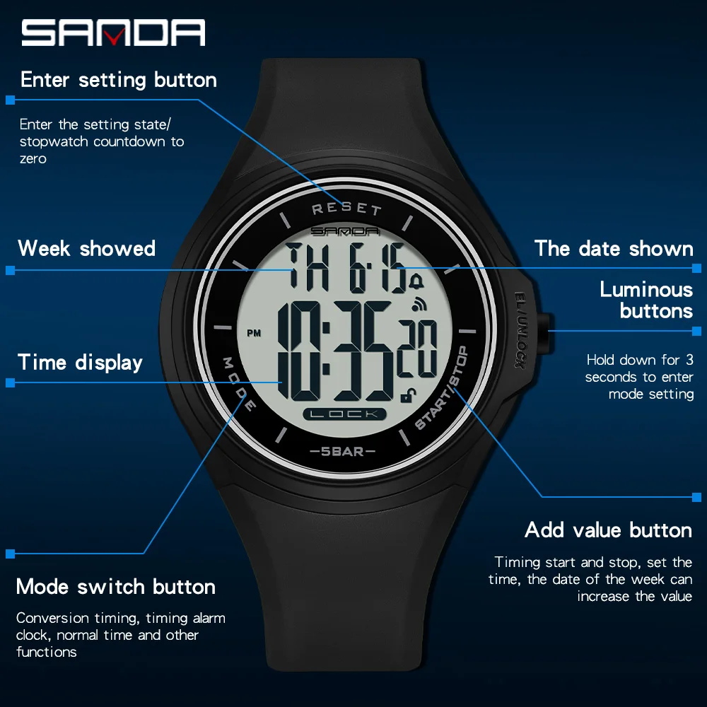 

Sanda Fashion Simple Sport Watches Men Military Digital Watch Alarm Clock Shock Resistant Waterproof Relogio Masculino 2131