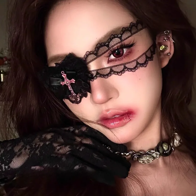 خمر Y2K الظلام الصليب قناع عين الملحقات أسود أبيض القلب الدانتيل أقنعة العين مناسبة لعيد الميلاد لوليتا القوطية تأثيري ديكور #3
