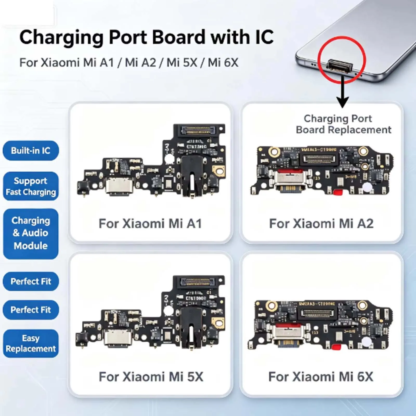 For Xiaomi Mi A1/ Mi A2 / Mi 5X / Mi 6X Charging Port Board with IC, Supporting Fast Charging