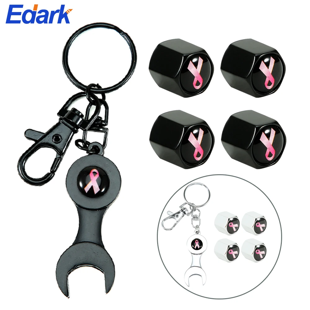 

4pcs Pink Ribbon Logo Style Automobiles Accessories Tire Valve Caps 1pc Wrench Decoration for Chevrolet Captiva Niva Aveolacetti