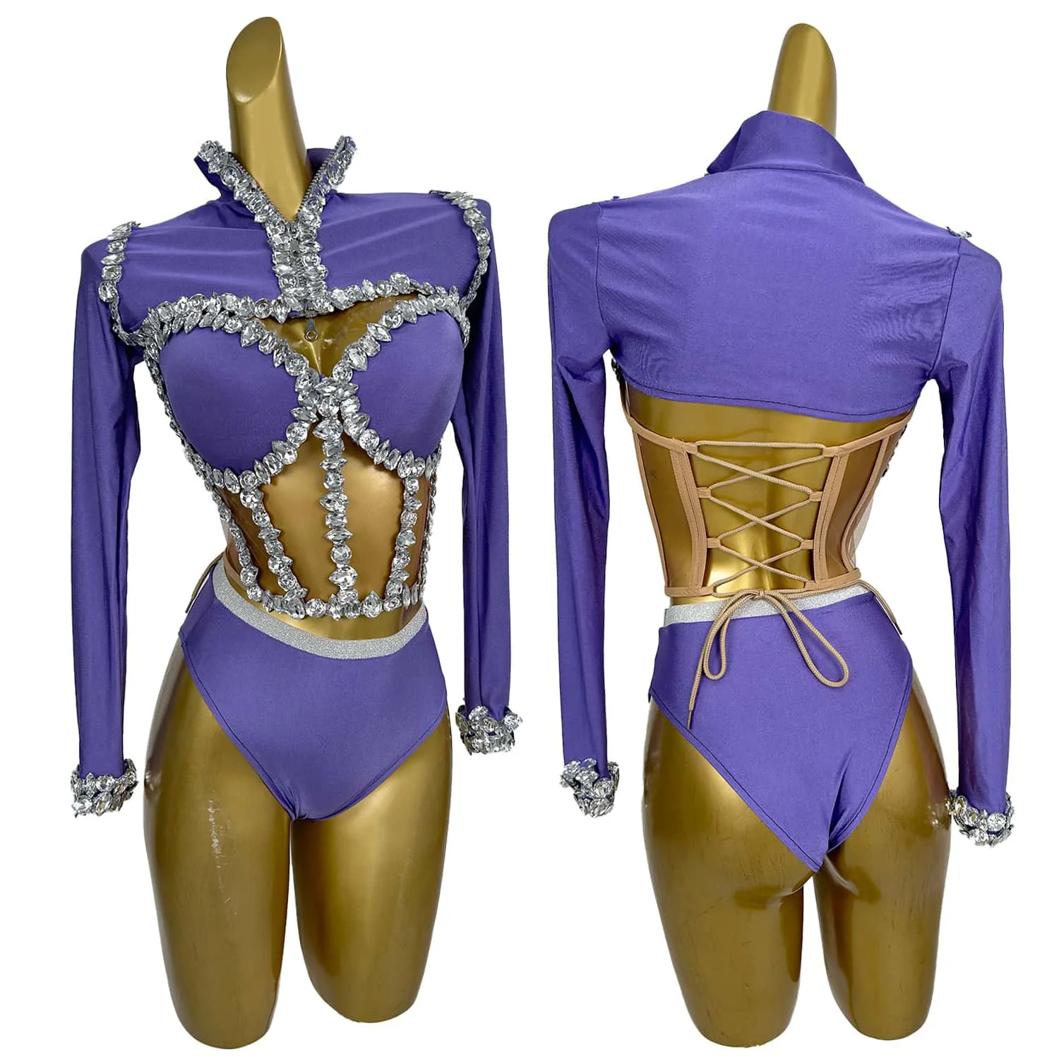 

Sparkly Purple Diamonds Bodysuit Women Sexy Performance Dance Costume Singer Stage Wear Nightclub Pole Dancing Outfit Jianmei