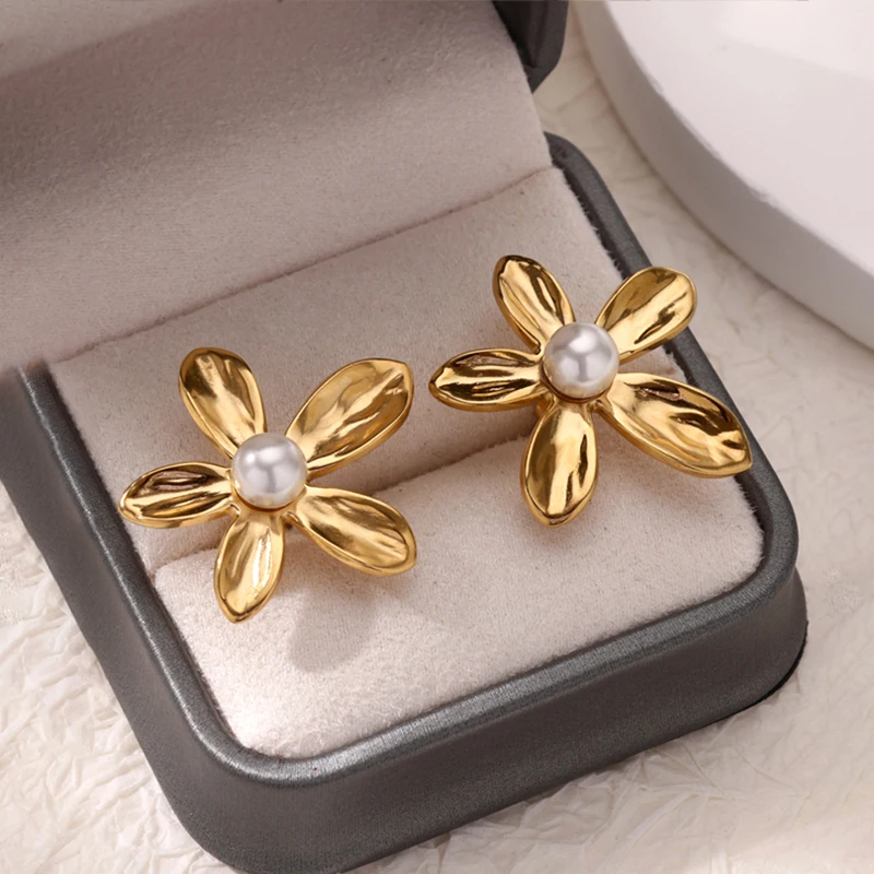 

Imitation Pearl Flower Stud Earrings For Women Gold Color Stainless Steel Earring Female Fashion Wedding Ear Jewelry 2024 New