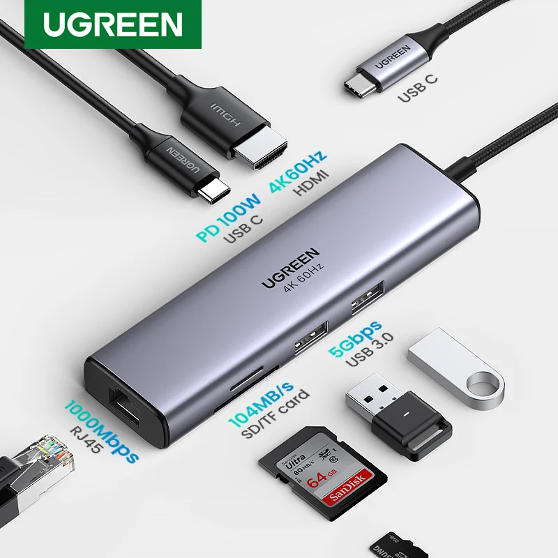 UGREEN Revodok 7 in 1 USB C Splitter Gigabit Ethernet Adapter 4K@60Hz HDMI 100W PD Charging USB A Data Ports SD/TF Card Reader