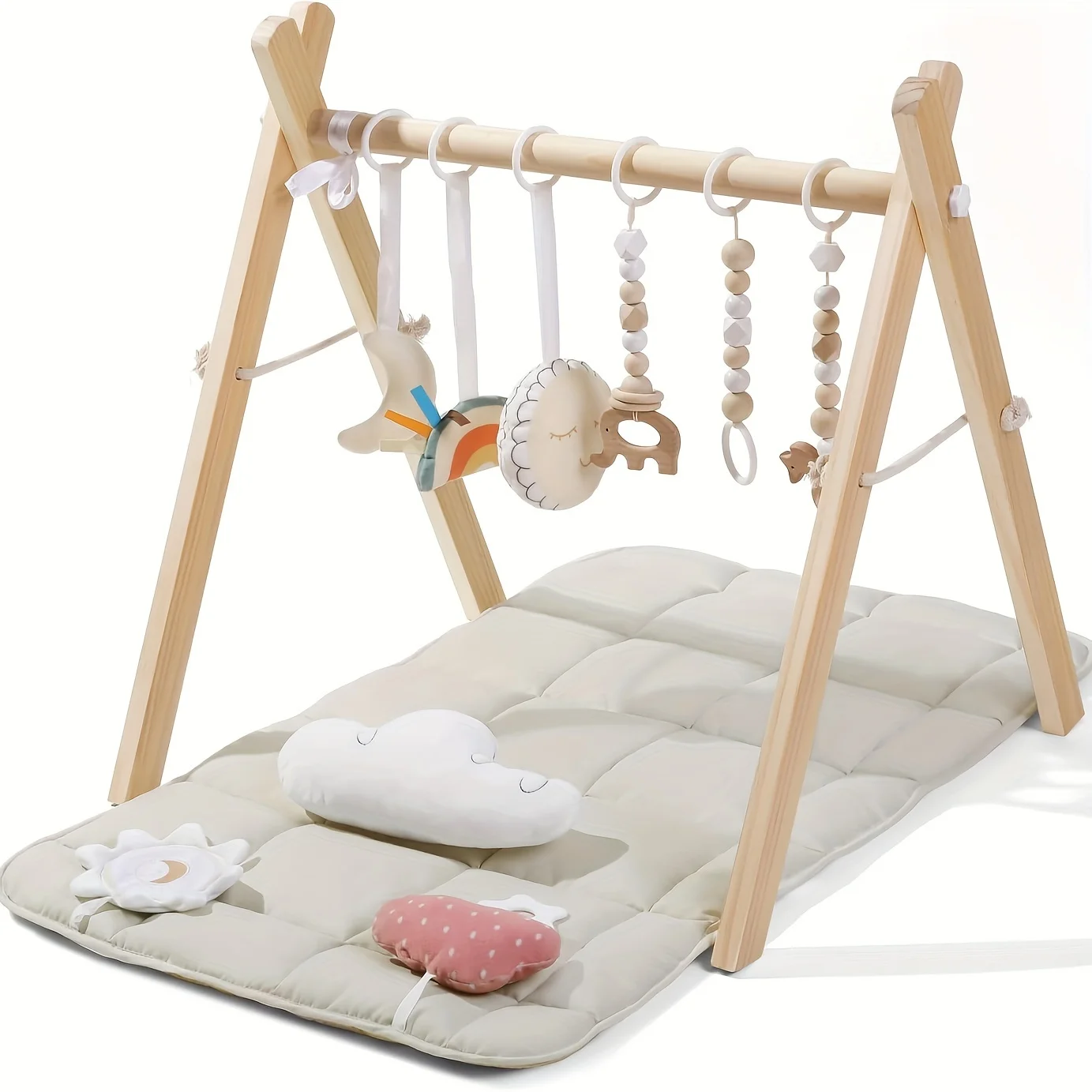 Houten speelgymnastiek met 9 zintuiglijke speelgoed, opvouwbare babyspeelgymnastiek met mat, frame-activiteitencentrum, natuurlijk grenenhout, Montessori-speelgoed