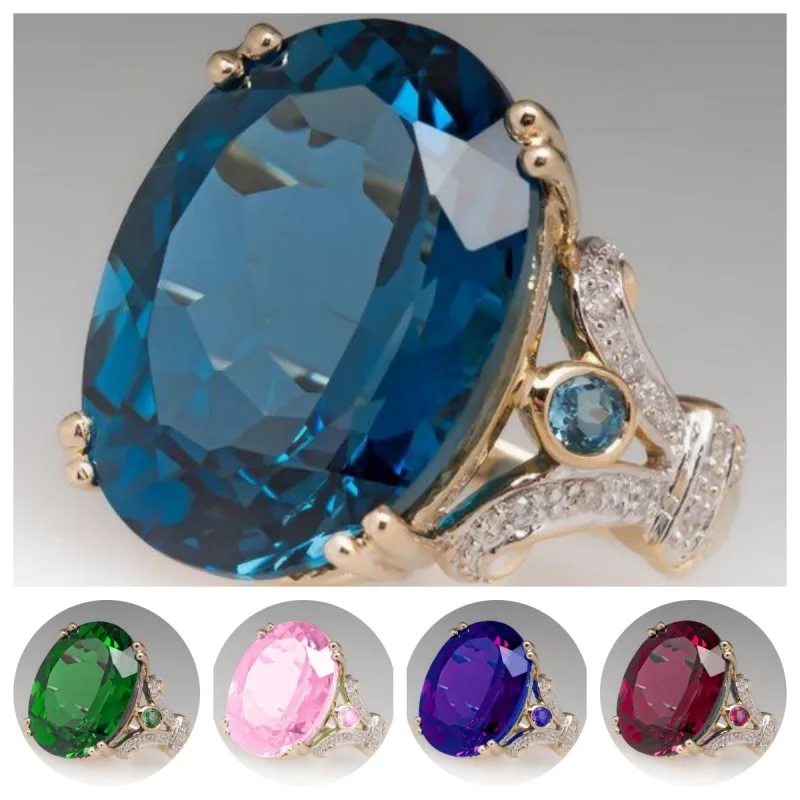 Luxury Elegant Women's Ring Inlaid With Clear Large Oval Blue Zircon, Jewelry For Daily Casual Wear Ceremony And Formal Dresses