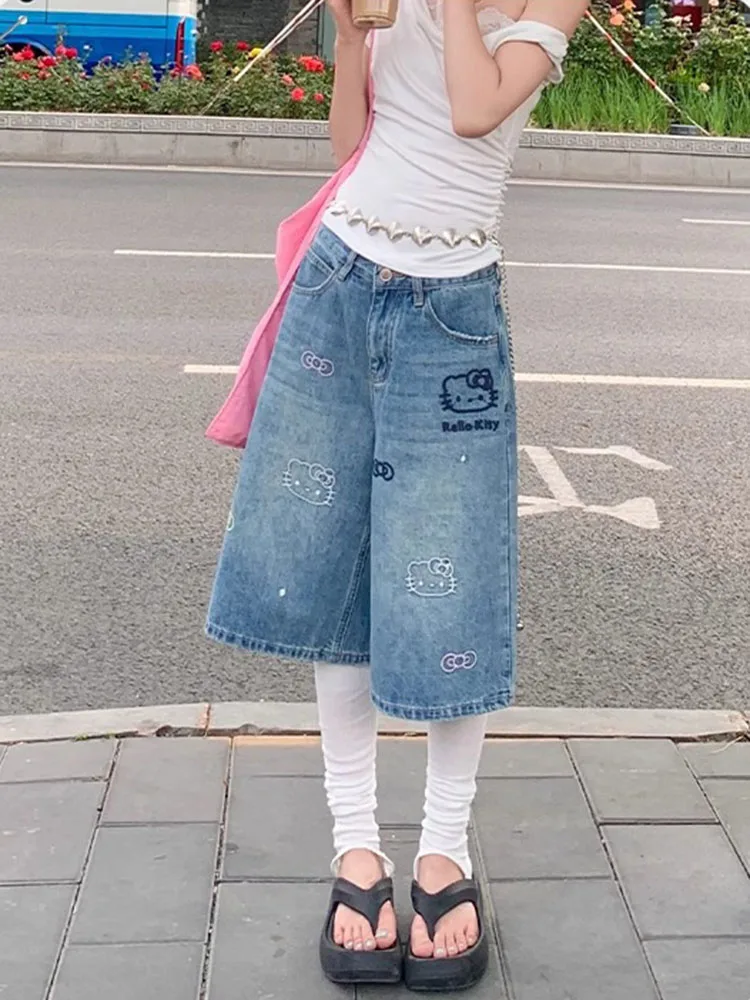

Американские ретро-джинсы с мультяшным принтом KT, женские, летние, с высокой талией, широкие прямые штаны, повседневные джинсовые шорты