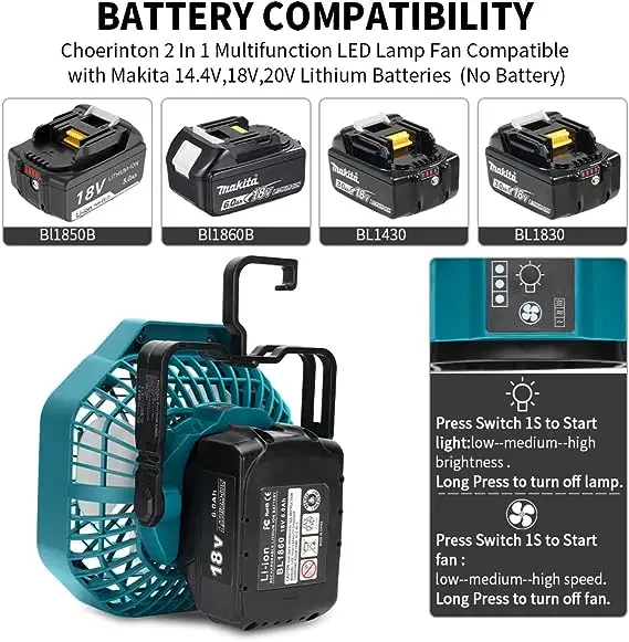 Imagem -02 - Bateria Operado Camping Fan Ventilador Tent Portátil a Pilhas Makita Dewalt Bosch Milwaukee Blackdecker Artesão 14.418v