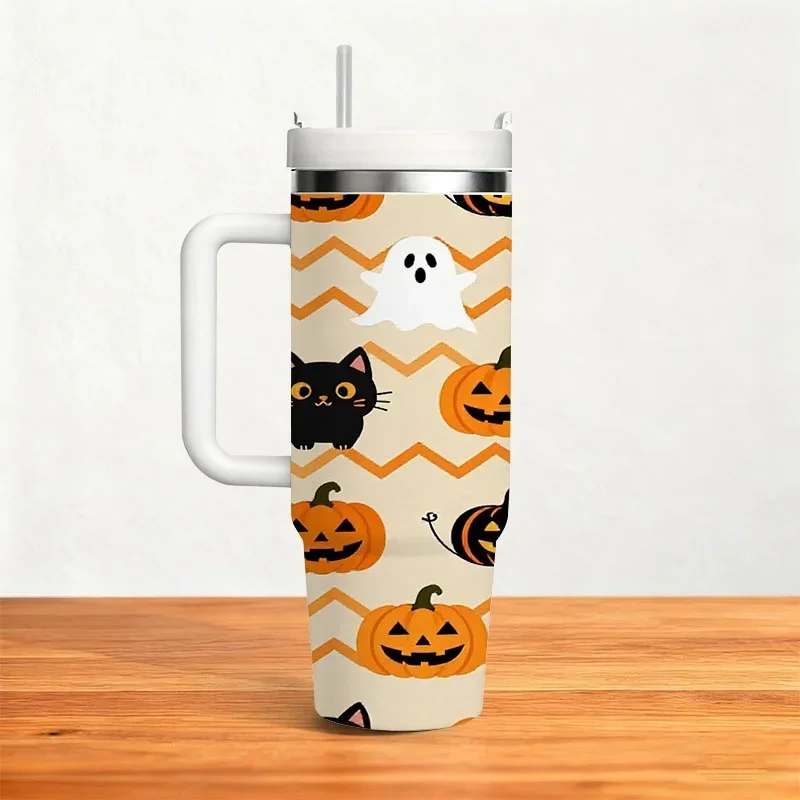 Halloween Themed Digital Print 40oz Stainless Steel Insulated Tumbler, Cute Pattern with Black Cats, Ghosts & Pumpkins, Reusable Thermal Cup for Keeping Drinks Hot or Cold, Ideal for Daily Commute & Outdoor Use
