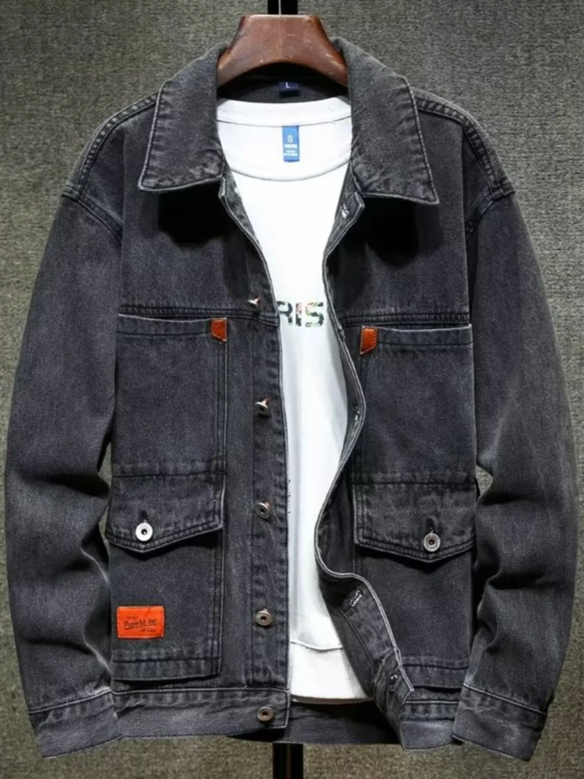 

American Sle Loose Men's Denim Jaet with Big kets Trendy Workwear Jaet Japanese Retro Loose Large Size Top