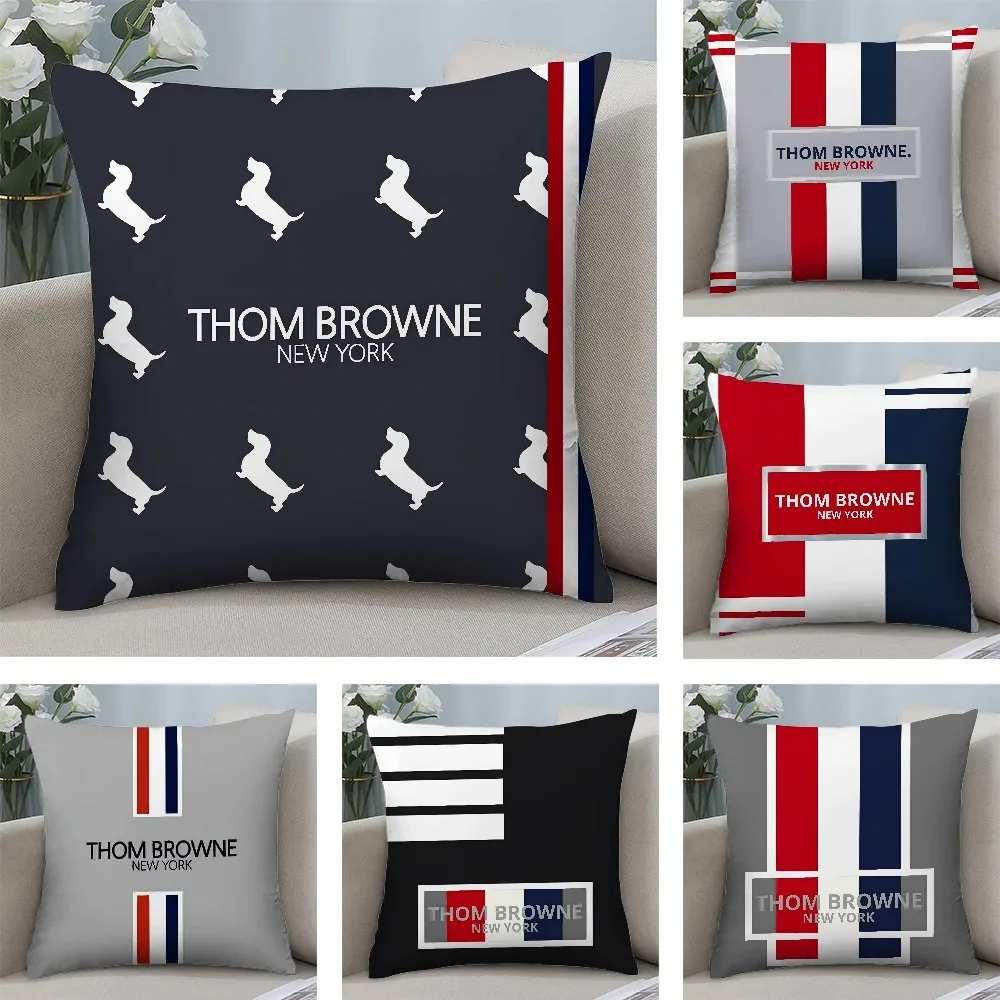 MINISO x Thom Browne Luxury Plush Pillow Cover - Double-Sided Premium Print Living Room Sofa Decor Ultra-Soft Cushion Case
