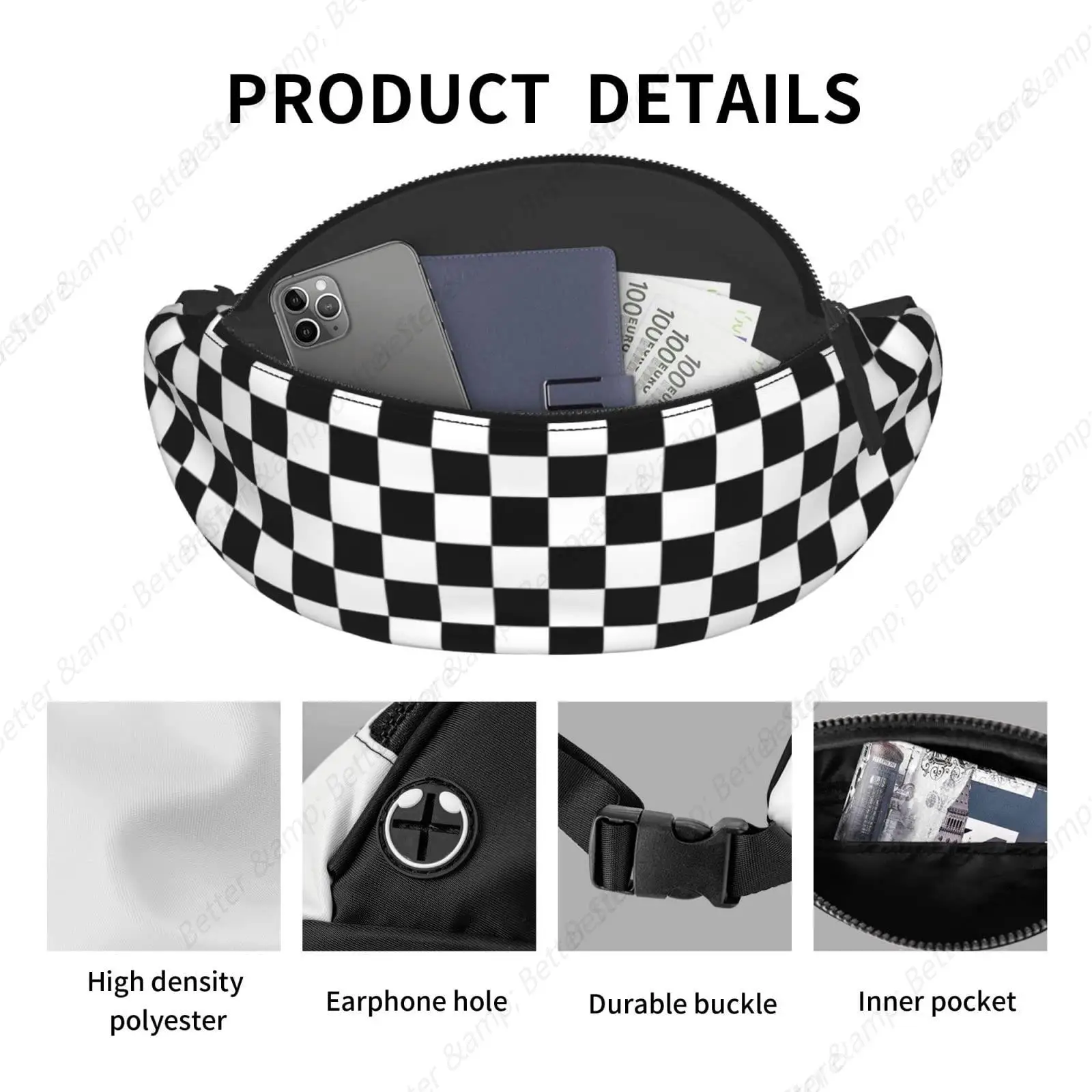 Checkerboard Fanny Pack Waist Bag Adjustable Black and White Belt Bag For Men Women Traveling Hiking Cycling Running