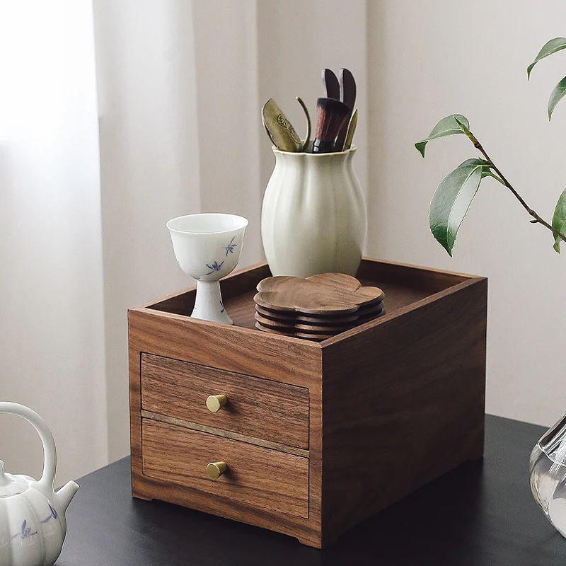 #North American walnut Pu'er tea box tea cake storage cabinet multi-layer tray storage box solid wood desktop storage box