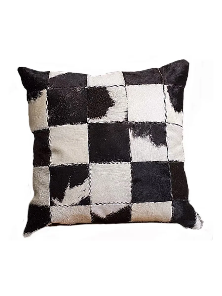 Modern Luxury Cowhide Cushion Cover Black And White Patchwork Genuine Leather Cow Fur Pillowcase