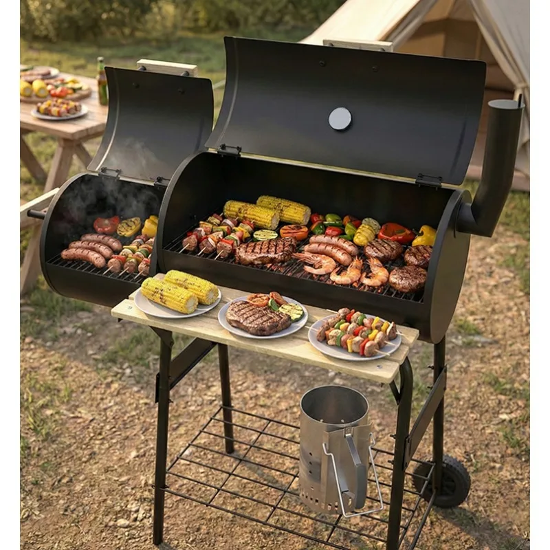 Offset Charcoal BBQ Smoker Grill Double Barrel Train Style Dual Chamber Outdoor Backyard Barbecue with Side Table Wheels