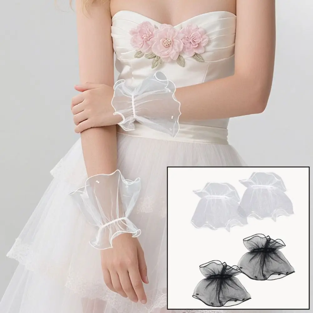 1Pair Elegant Lace Mesh Wedding Cuffs Ruffled Pearl Bride Wristband Detachable Cuff Ruffled Wedding