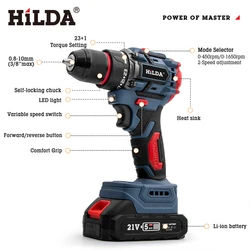 HiLDA Electric Power Drill 21V Cordless Drill Set Rechargeable Multi functional High Power Household Electric Screwdriver Tools