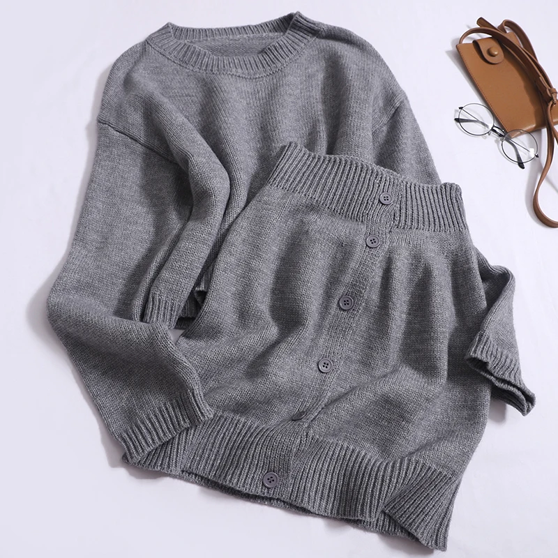 Women Fall/Winter Sweater 2 Piece Set Simple O-neck Long Sleeved Pullover and High Waist Button Up Bodycon Skirt Solid Knit Suit