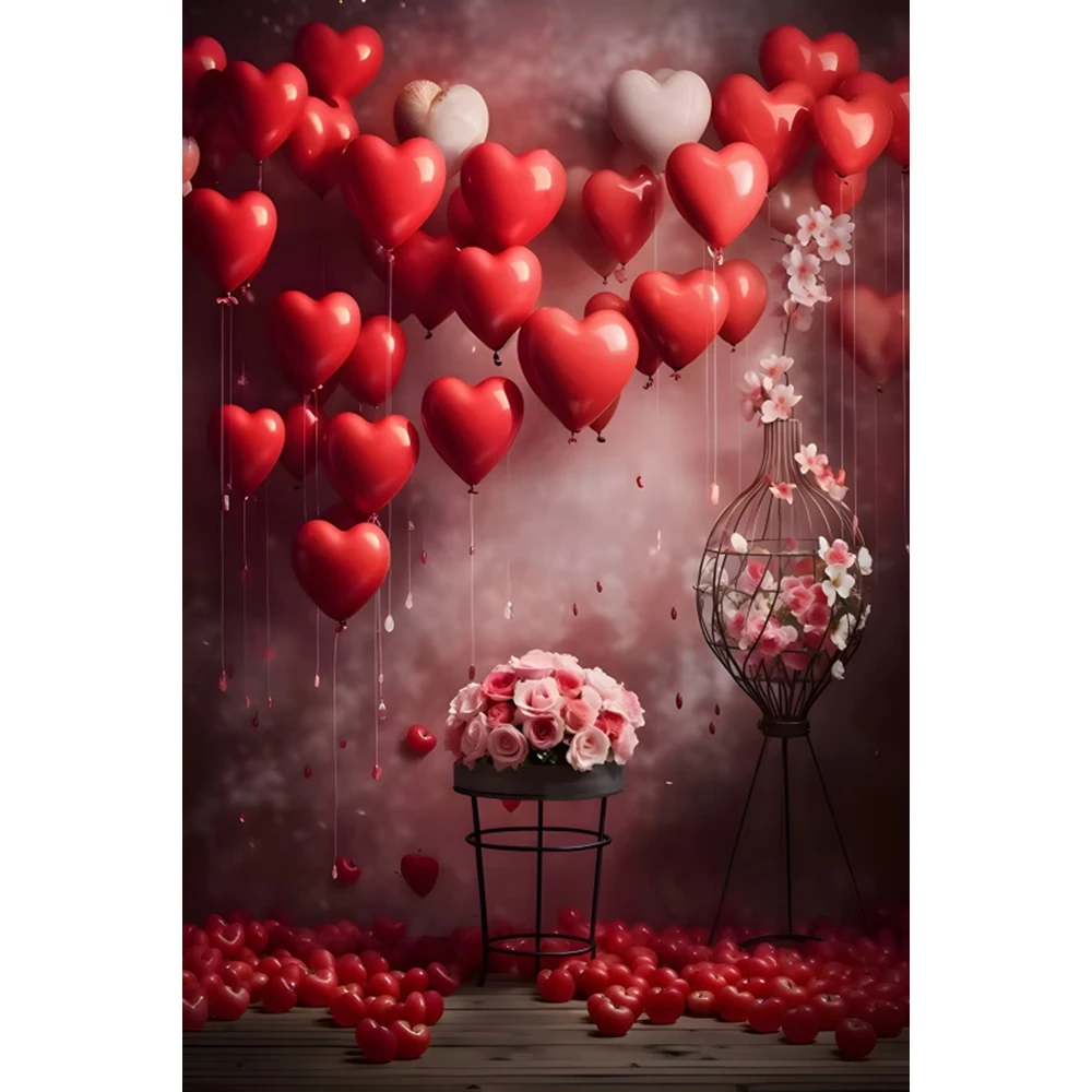 Valentine's Day Photography Background February 14 Valentine Rose Flower Red Heart Balloon Wood Floor Wedding Backdrop Decor