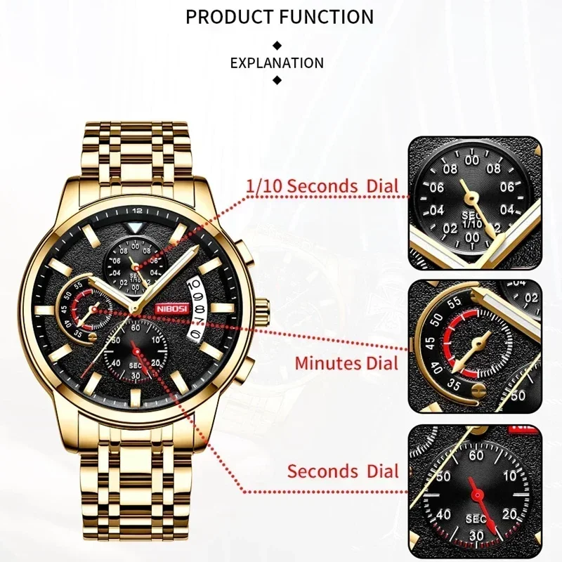 NIBOSI Top Brand Mens Watches Classic Luxury Wrist Watch for Man Original Quartz Waterproof Luminous Chronograph Reloj Hombre