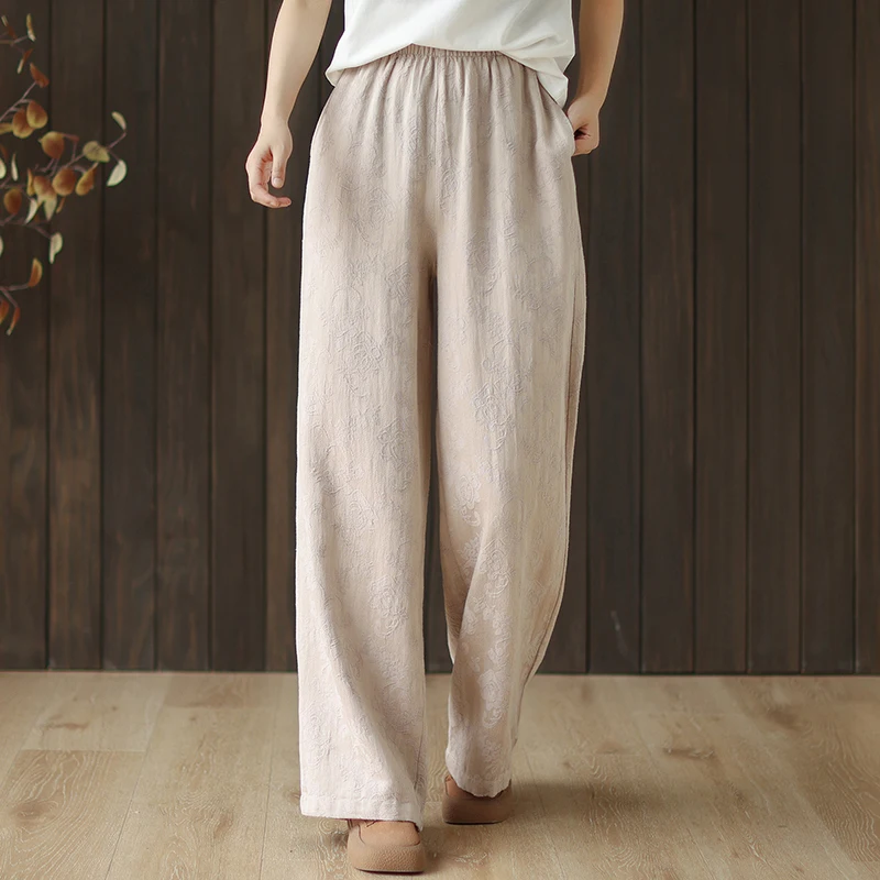 Herfst Winter Nieuwe Chinese Sle Veelzijdige Bloemen Katoen Linnen Wijde Pijpen Broek Hoge Taille Lange Broek Faionable Dames Clo...