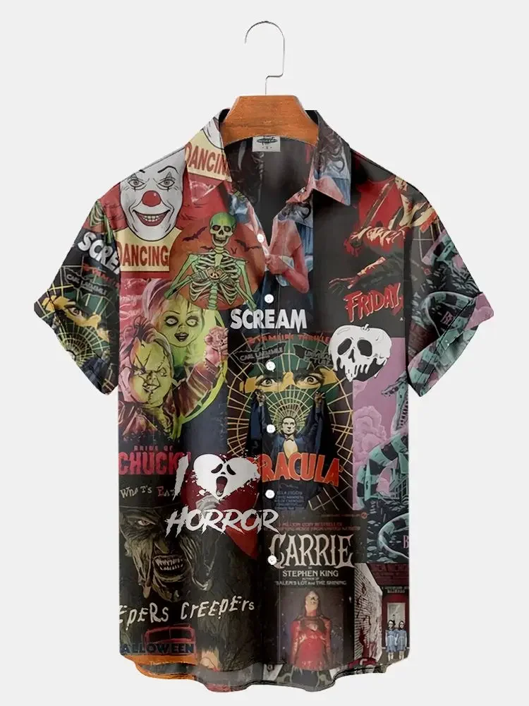 

2023 Summer New Men's Shirt 3D Printed Horror Pattern Hawaiian Fashion Designer Men's Horror Shirts Movie Print 3XL Tops