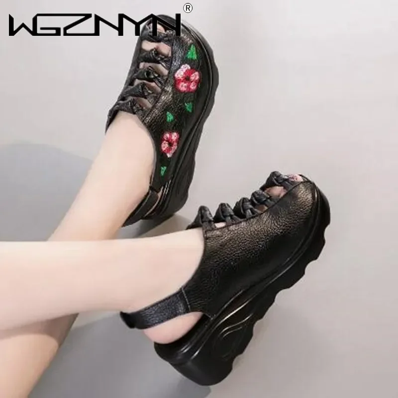 Fashion Genuine Leather Embroidery Sandals for Women 2025 New Retro Casual Summer Platform Sandals Women Wedges High Heel Shoes
