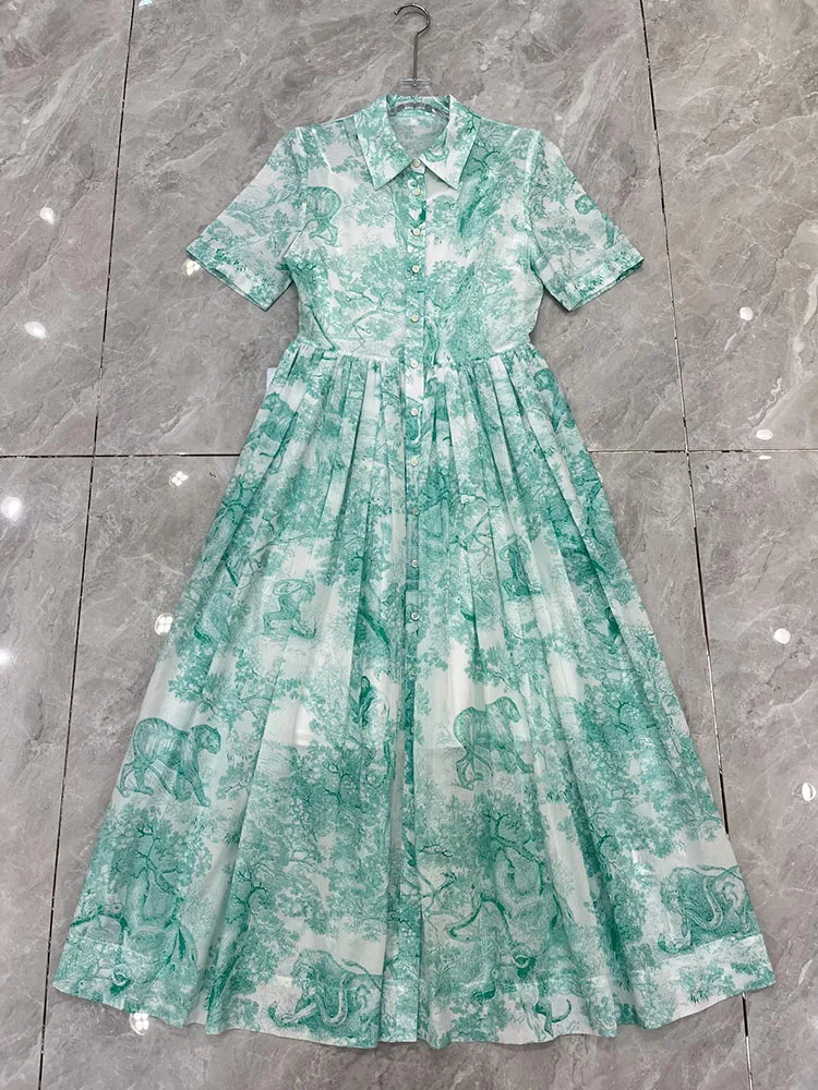 100% algodão vestido de verão feminino praia férias vestidos turn-down colarinho moda flor impressão elegante senhora expansão