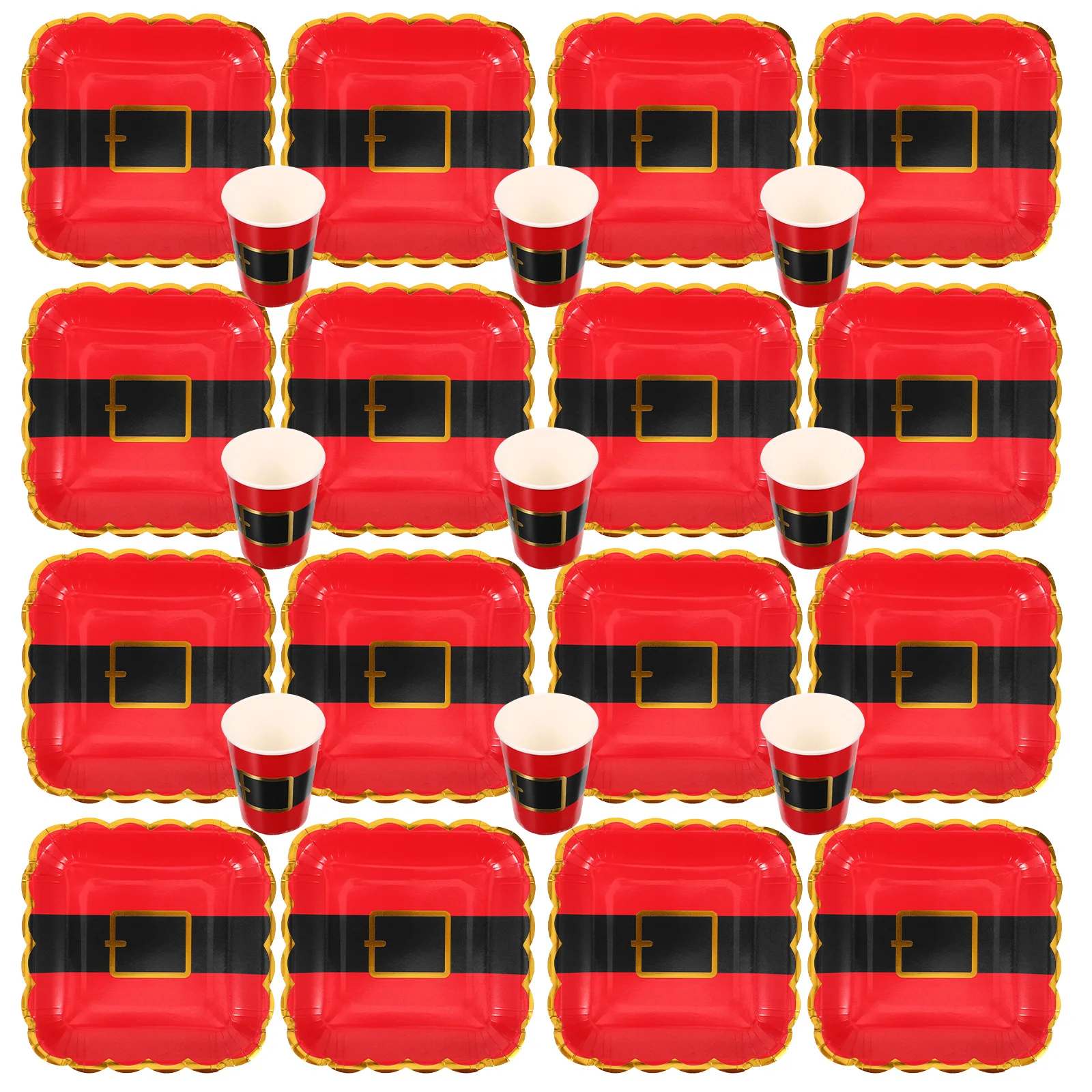 Set Christmas Party Plate Red Black Gold Belt Square Paper Cup 32pcs Dinnerware Santa Plates