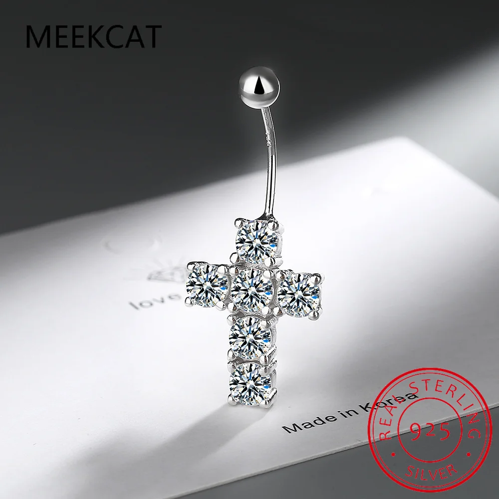 925 Sterling Silver New Fashion Sexy Piercing Navel Nail Body Jewelry Cross Pendant Crystal Belly Button Rings for Women Girl