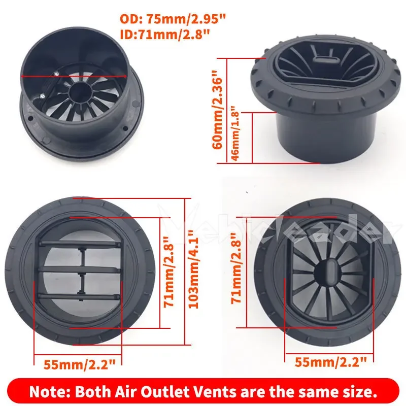 자동차 에어 벤트 배출구 회전식 에어 디젤 히터 에어컨, 자동차 트럭 VAN 캠핑카 블랙, 75mm