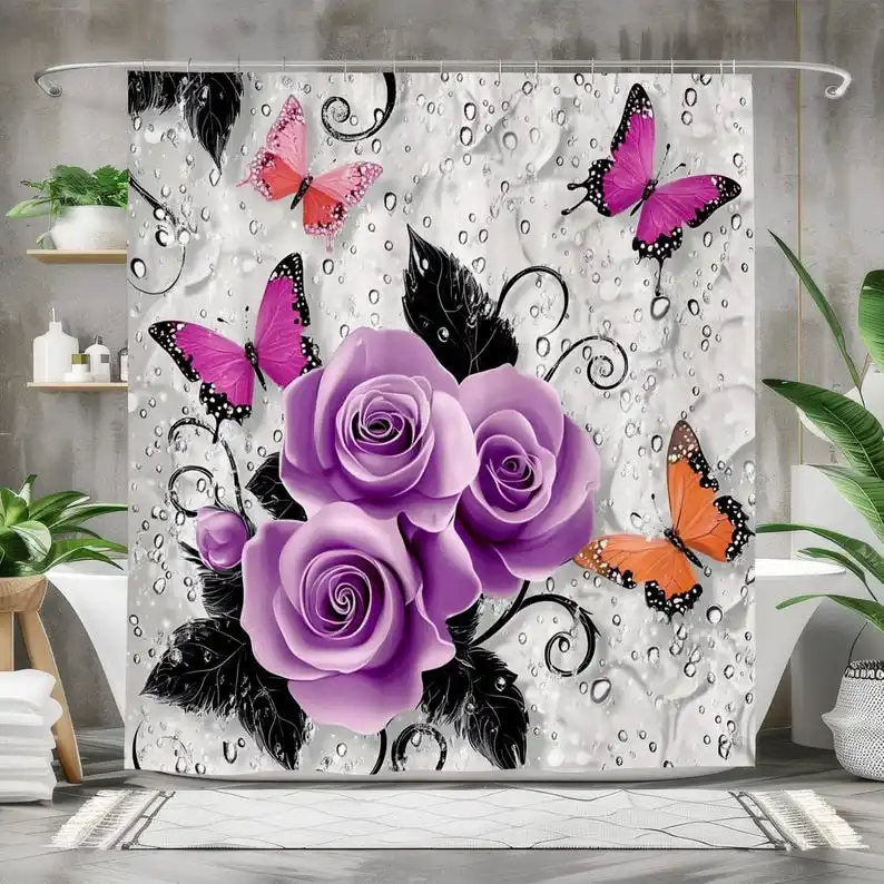 

Purple Rose and Butterfly Shower Curtain Floral Bathroom Decor with Raindrop Effect, Elegant Romantic Bath Curtain for Women