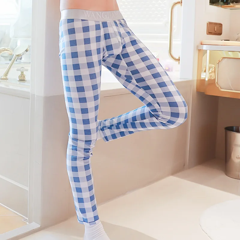 Men\'s Long Johns 100% Cotton Plaid Thin Tight Legging Autumn and Winter Boys Print Warm Underwear