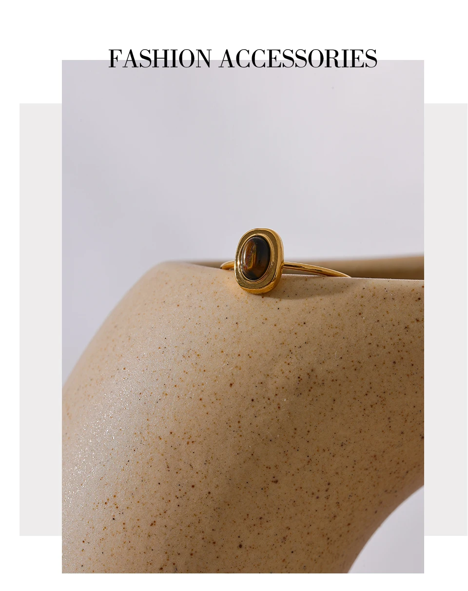 Yhpup Mode Naturstein Edelstahl Oval Dünn Chic Ring Frauen 18K PVD Überzogene Wasserdichte Schmuck Zubehör Geschenk – Detail 3