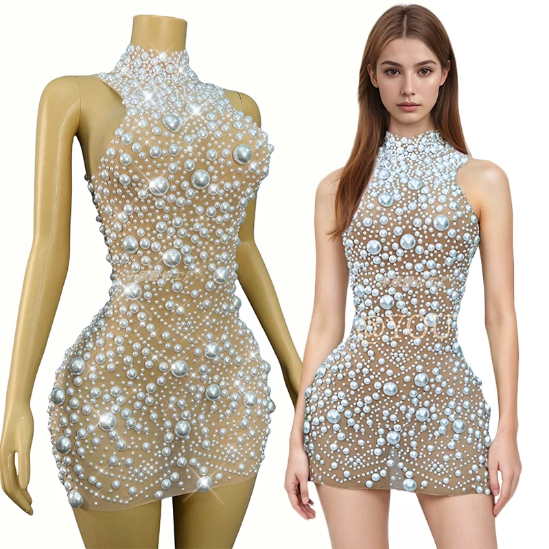 女性ステージ衣装エレガントなパールショートドレス誕生日パーティー衣装モデルショーパフォーマンス衣装セクシーなフェスティバル服 3709