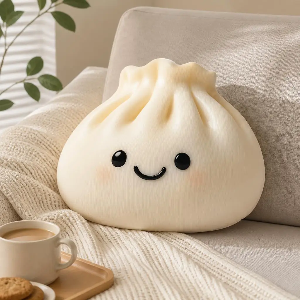 Cute Squishy Dumpling Stuffed Throw Pillow Kawaii Food Cushion Smiling Bao Bun Decorative Accent for Sofa Home Decor Gift