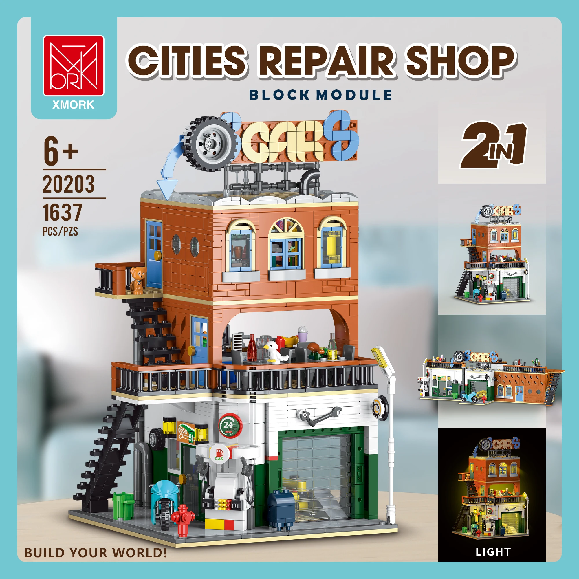 1637PCS 2in1 Auto Repair Shop Street View with Lighting Building Blocks Desktop Decoration Toy Set Bricks Educational Kids Gifts