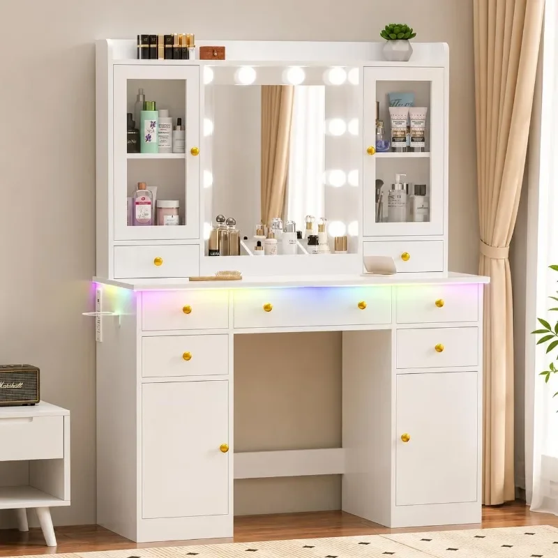 Wodeer Vanity Desk with Mirror and Lights Makeup Vanity Set Glass Cabinets, Makeup Tray, Power Outlet & Adjustable LED Lights