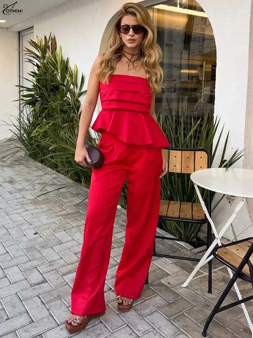 

Oymimi Casual Red Two Piece Set Woman Fashion Strapless Pleated Asymmetrical Blouses And Simple Straight Full Length Pants Sets