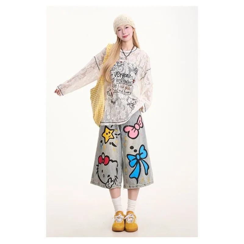 Sanrio Hellokitty Summer New 2025 Cartoon Printing Cute Student Jeans Cropped Pants Versatile Loose and Thin Holiday Gifts