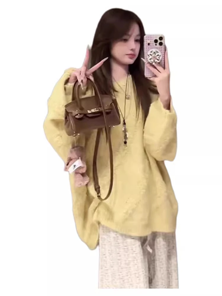 Coreano sle macio aconchegante camisola feminina solto ajuste versátil malha topo outono inverno nova chegada longo sve redondo ne camisola