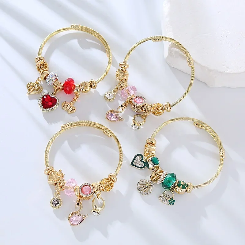 

Factory direct heart crystal charm bracelet adjustable crown pendant bangle bracelet for women