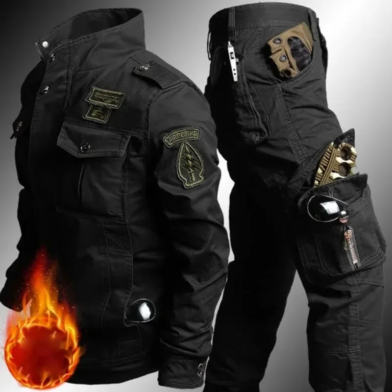 Military Tactical Sets Men Bomber Multi-pocket Cargo Jackets Wear-resistant Pants 2 Psc Set Outdoor Army Pilot Flight Coats Suit