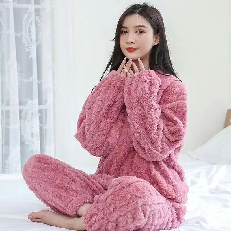 New Winter Sleepwear Warm Pajamas Women Pajamas Set Thick Flannel Solid Coral Fleece Homewear Long Sleeve Kawaii Clothes Korean
