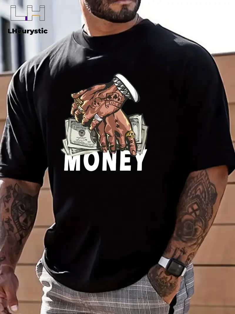 T-shirt à manches courtes imprimé avec l'image de la main tenant un dollar américain, style streetwear américain, design ample à manches courtes de style hip-hop rétro