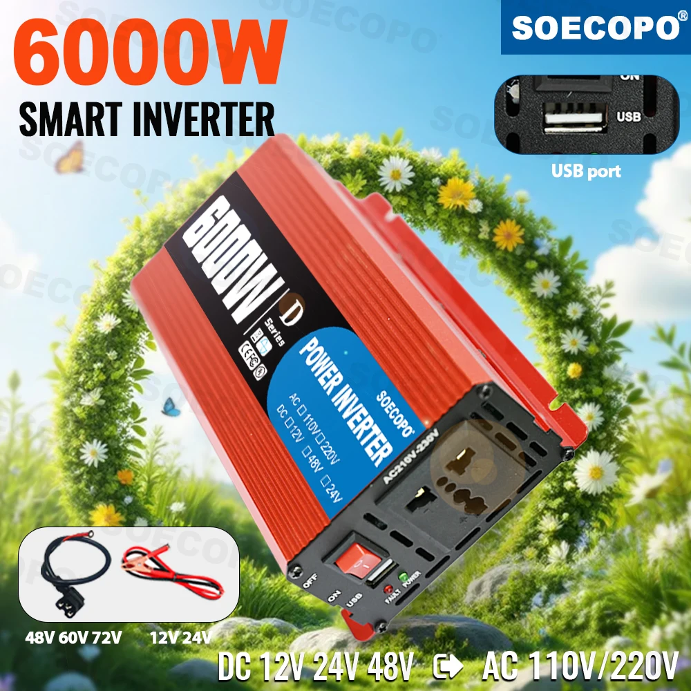 

SOECOPO 6000W Smart Inverter Portable for Camping Car Use DC 12V/24V/48V to AC 110V/220V USB 5V/1.5A Solar Systems CE UL