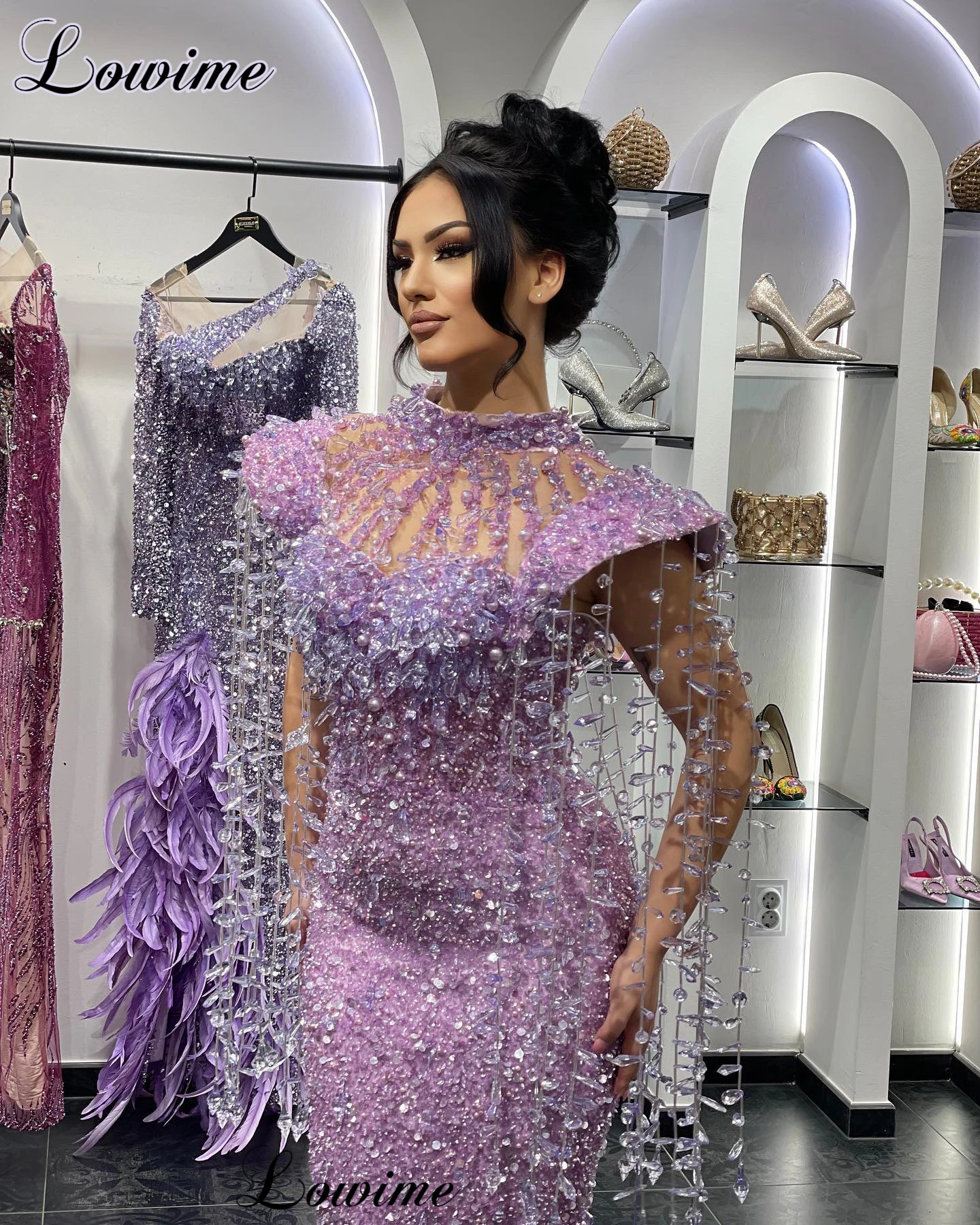 Luxury Light Purple Celebrity Dresses With Crystals High Neck Mermaid Evening Gowns Vestidos De Gala Prom Party Dresses 2024