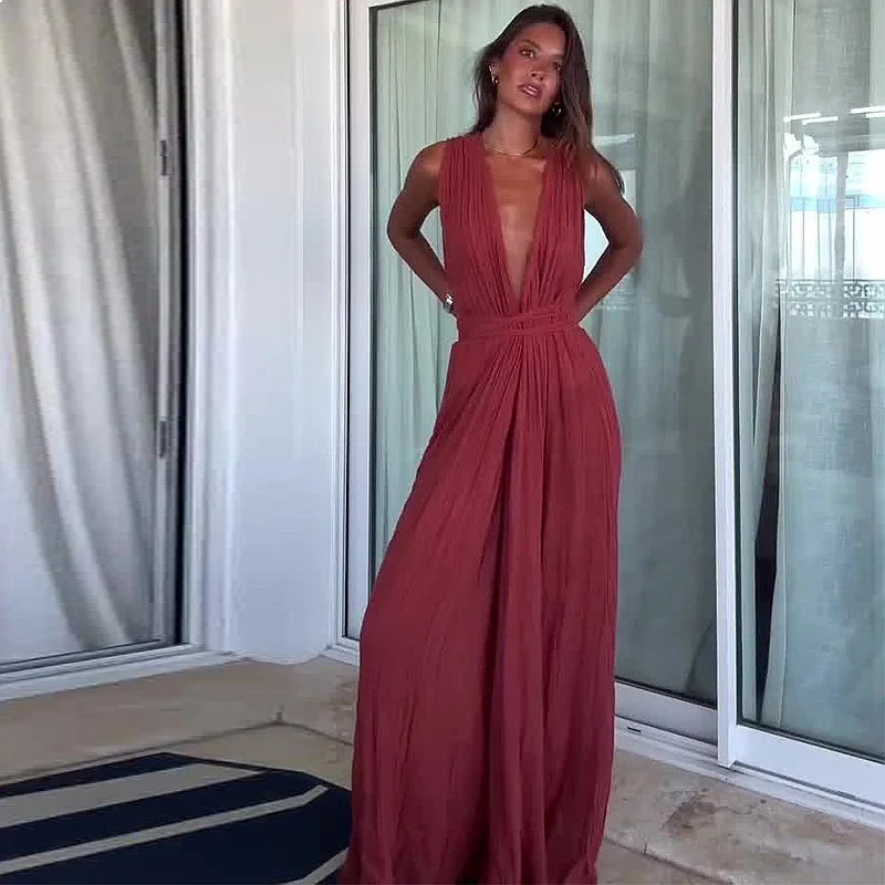 Women Halter Jumpsuit Backless Chiffon Romper Playsuit Overall Pants Spring Summer