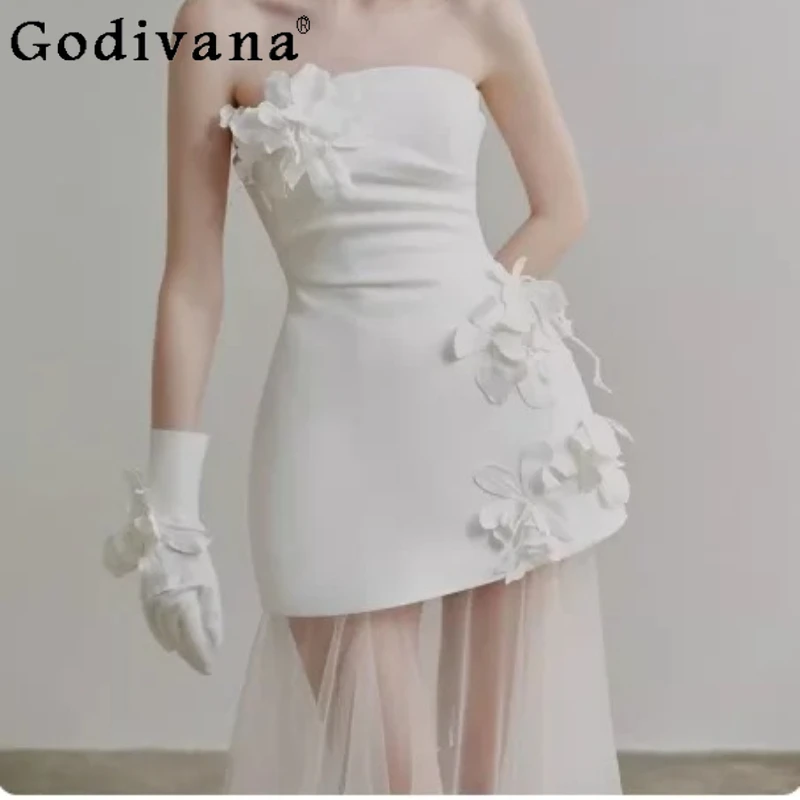 

Temperament Satin White Strapless Princess Wedding Dress New Fashion Slash Neck Versatile Romantic Slim Elegant Fairy Dresses