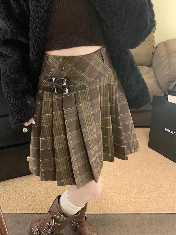 Vintage Plaid Mini Skirt Women Preppy High Waist Spring Summer Pleats Skirts Retro Student Bandage Korean Casual Harajuku Skirt